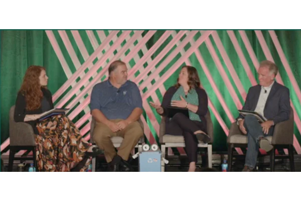 At PRS26 (from l. to r.) Juliet Mathey of the Metropolitan Mayors Caucus, Jim Marcinko of WM, Christina Seibert of the Solid Waste Agency of Northern Cook County, and Walter Willis of the Solid Waste Agency of Lake County discuss how recycling education, MRF operations, package design, and end markets all affect recycling outcomes.