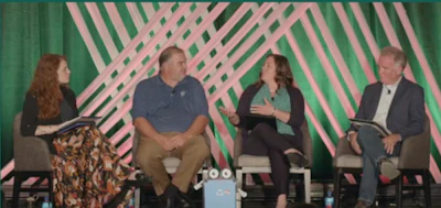 At PRS26 (from l. to r.) Juliet Mathey of the Metropolitan Mayors Caucus, Jim Marcinko of WM, Christina Seibert of the Solid Waste Agency of Northern Cook County, and Walter Willis of the Solid Waste Agency of Lake County discuss how recycling education, MRF operations, package design, and end markets all affect recycling outcomes.