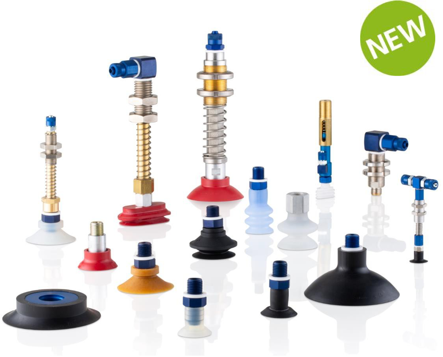 Collection of industrial vacuum suction cups and components in various sizes with blue valves and colored bases