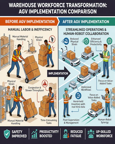 Treat automation as a workforce transition, shifting employees away from repetitive material movement while preparing them for equipment support, exception handling, data review, and other higher-value responsibilities.