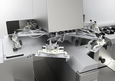 3D rendering of multi-axis robotic laboratory apparatus with articulated arms and integrated processing modules
