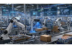 An AI-generated, conceptual image showing AI-enabled robotics, machine vision, and connected automation systems in a manufacturing environment.