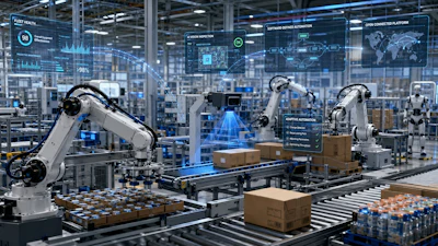 An AI-generated, conceptual image showing AI-enabled robotics, machine vision, and connected automation systems in a manufacturing environment.