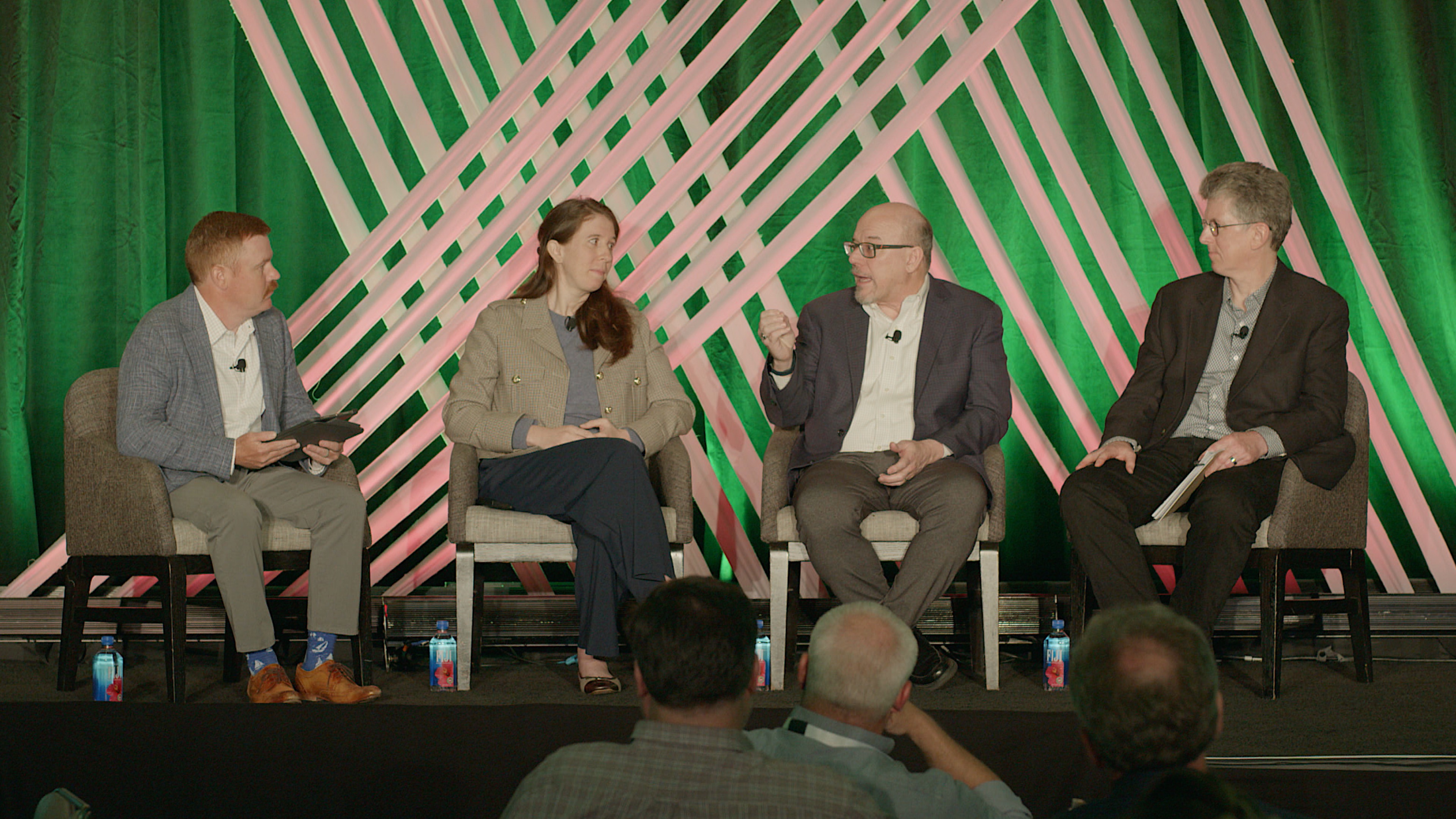(from l. to r.) Moderator Matt Reynolds, Packaging World; Sarah Pamplanos Santos, Closed Loop Partners; Scott DeFife, Glass Packaging Institute; and Kenneth Laverdure, Est&eacute;e Lauder Companies.