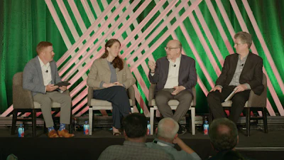 (from l. to r.) Moderator Matt Reynolds, Packaging World; Sarah Pamplanos Santos, Closed Loop Partners; Scott DeFife, Glass Packaging Institute; and Kenneth Laverdure, Estée Lauder Companies.