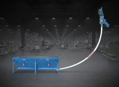 This Flexicon flexible screw conveyor with trough hopper can receive material from multiple outlets of feeders, grinders, blenders, bulk bag dischargers, or any process equipment with a wide-style discharge.