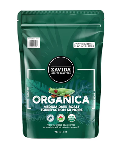 The 2-lb resealable stand-up pouch is where Zavida Coffee Roasters' Organica brand story started — and what the new box for coffee pods had to translate.