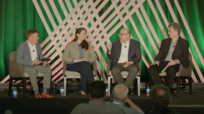 (l. to r.) PW’s Matt Reynolds leads a discussion on small-format packaging recovery with Sarah Pamplona Santos of Closed Loop Partners, Scott DeFife of GPI, and Kenneth Laverdure of Estée Lauder.