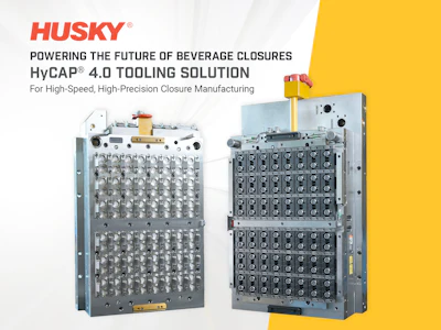 Husky HyCAP 4.0 tooling solution molds for high-speed beverage closure manufacturing with yellow background