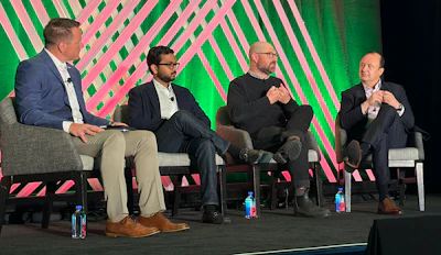 (l. to r.) Moderator John Nygaard of Glenroy, Raj Bagaria of GDB Circular, Patrick Keenan of General Mills, and Teo Medellin of P&G discuss the challenges and opportunities in scaling flexible film recycling.