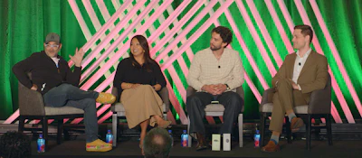 (l. to r.) Moderator Brent Lindberg of Fuseneo, Kerri Clark of Mars, Joey Giacomini of Google, and Eric Bell of Nestlé discuss the challenges of moving packaging from plastic to paper while maintaining performance, manufacturability, and consumer acceptance.