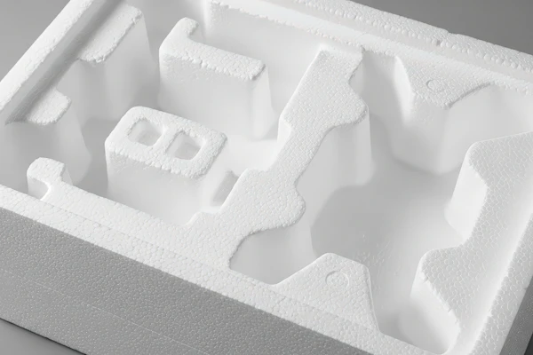 Molded EPS transport packaging, engineered with custom cavities to cushion and immobilize a product in transit. Packaging of this type is no longer on the U.S. Plastics Pact's Problematic and Unnecessary Materials List.