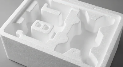 Molded EPS transport packaging, engineered with custom cavities to cushion and immobilize a product in transit. Packaging of this type is no longer on the U.S. Plastics Pact's Problematic and Unnecessary Materials List.