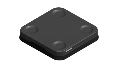 Dark gray square wireless charging pad with rounded corners and four rubber feet, featuring Radiant branding