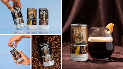 Black Poetry presents its sparkling coffees in both product and serving contexts, reinforcing the line’s positioning as a chilled coffee alternative for different occasions.