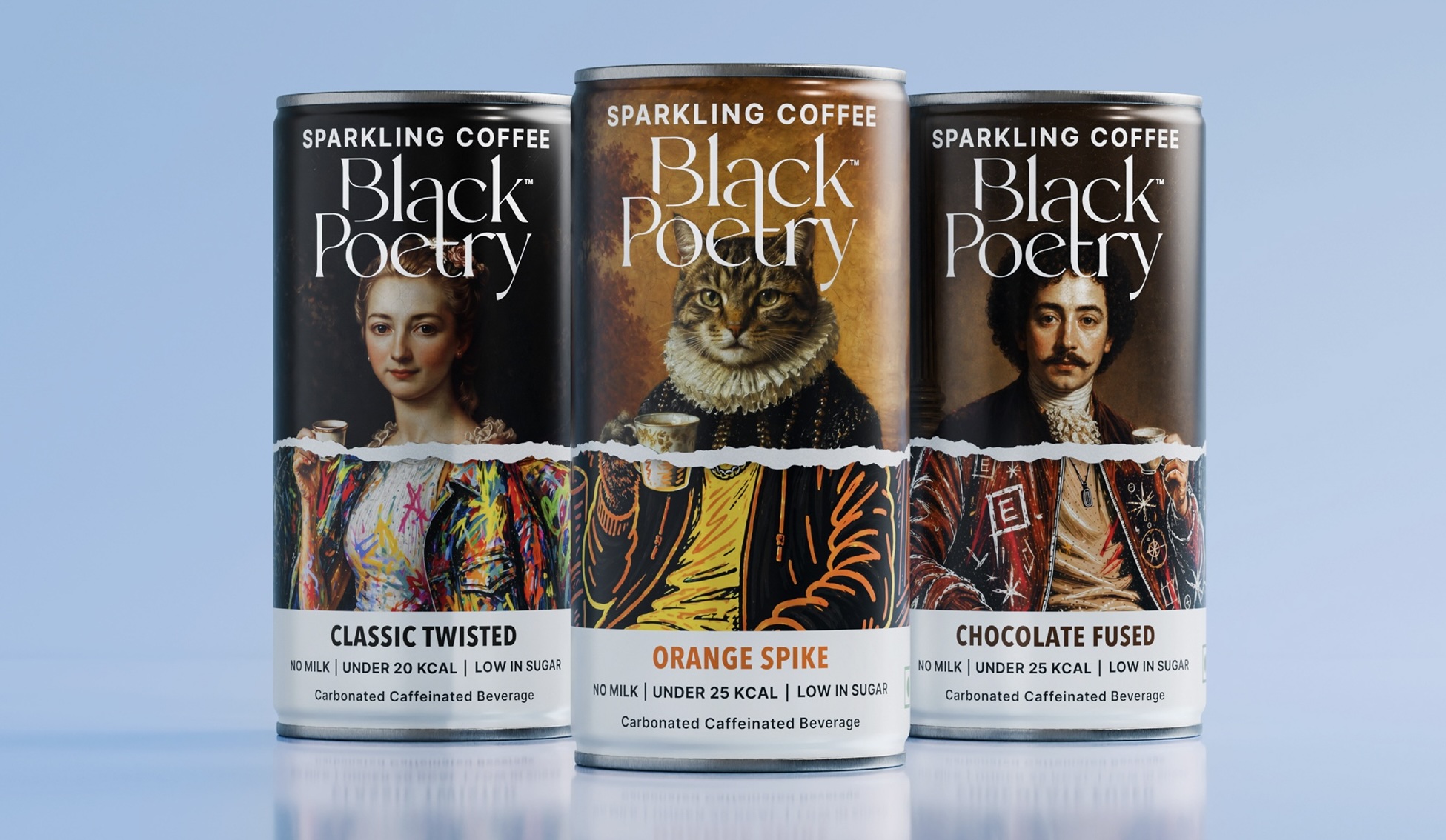 Black Poetry’s three sparkling coffee varieties use a shared visual structure while giving each can its own character through portraiture, color, and illustration.