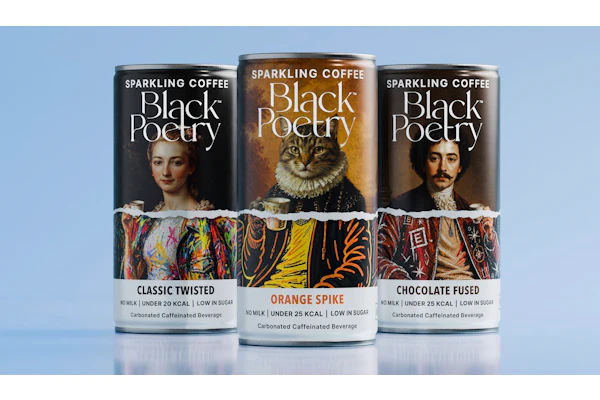 Black Poetry’s three sparkling coffee varieties use a shared visual structure while giving each can its own character through portraiture, color, and illustration.