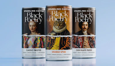 Black Poetry’s three sparkling coffee varieties use a shared visual structure while giving each can its own character through portraiture, color, and illustration.