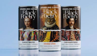 Black Poetry’s three sparkling coffee varieties use a shared visual structure while giving each can its own character through portraiture, color, and illustration.