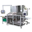 Industrial automated packaging machine with control panel, conveyor system, and label dispensers for manufacturing operations