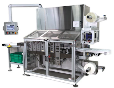 Industrial automated packaging machine with control panel, conveyor system, and label dispensers for manufacturing operations