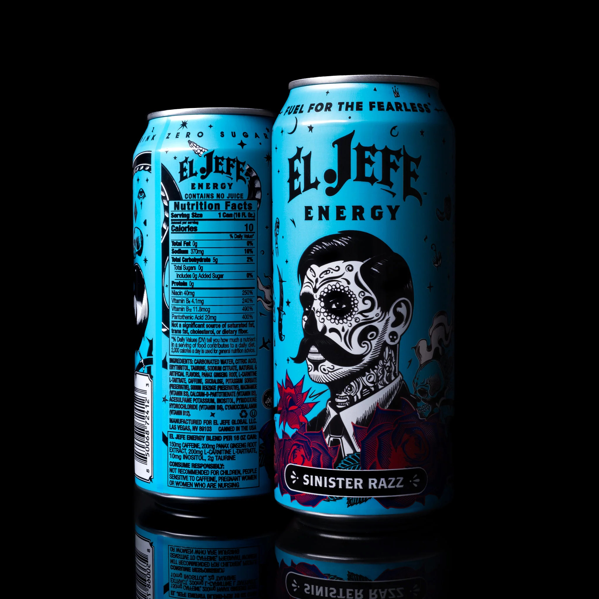 Jefe Energy's Sinister Razz can, front and back. The five-color design layers turquoise, deep reds, and fine linework to stand apart from the energy category's typical color-blocked look.