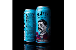 Jefe Energy's Sinister Razz can, front and back. The five-color design layers turquoise, deep reds, and fine linework to stand apart from the energy category's typical color-blocked look.