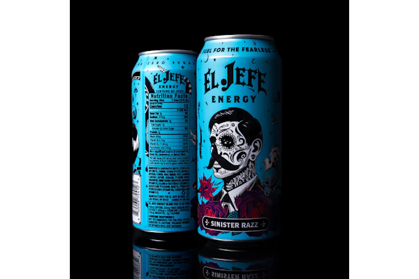 Jefe Energy's Sinister Razz can, front and back. The five-color design layers turquoise, deep reds, and fine linework to stand apart from the energy category's typical color-blocked look.