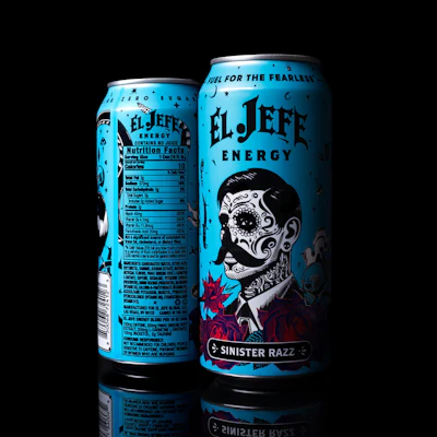 Jefe Energy's Sinister Razz can, front and back. The five-color design layers turquoise, deep reds, and fine linework to stand apart from the energy category's typical color-blocked look.