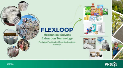 FlexLoop uses solvent extraction to remove inks, adhesives, odors, and other contaminants from recycled plastic, improving material quality for new applications.