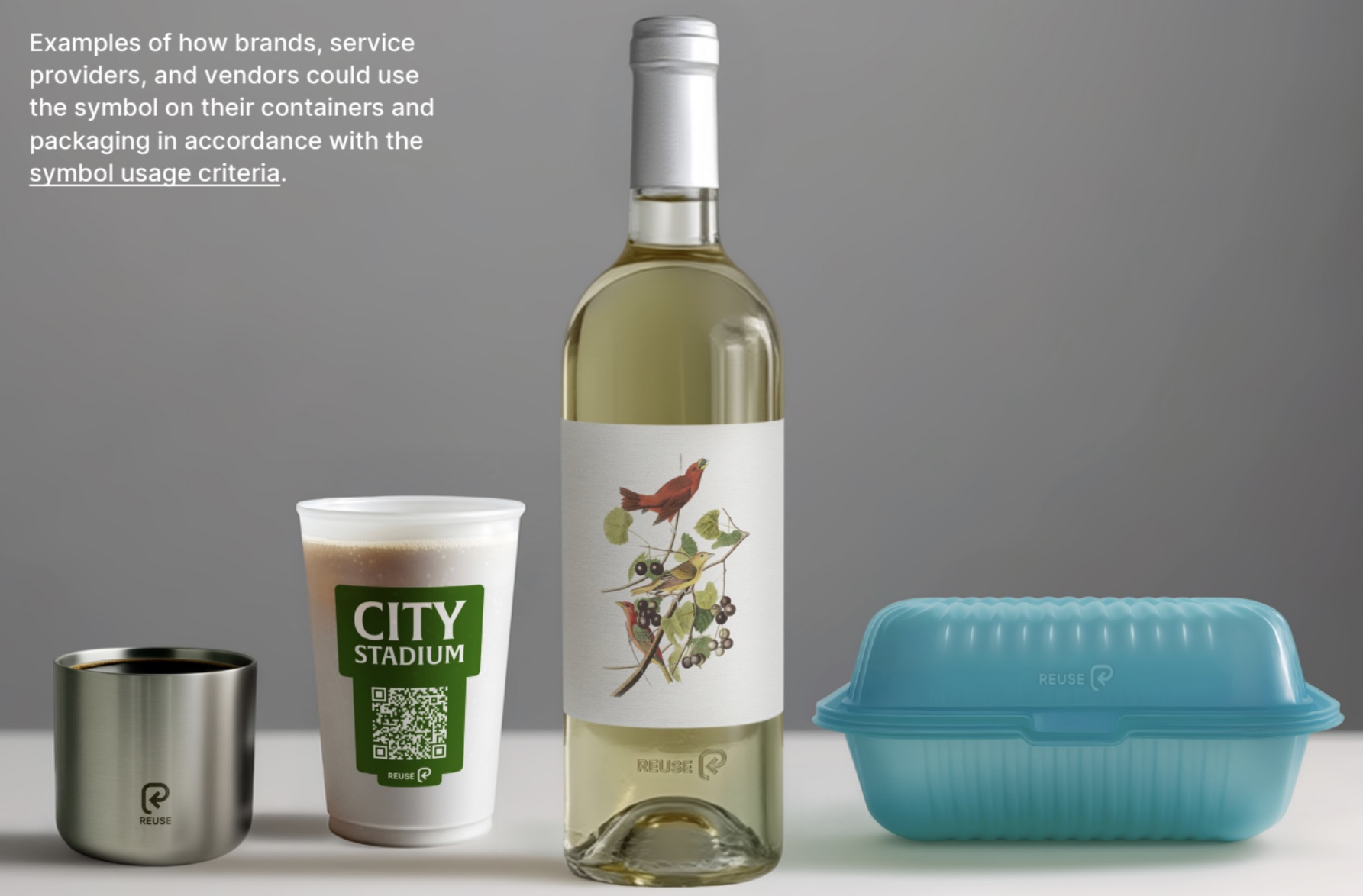 PR3’s REUSE Visual Identity Guidelines show how the new reuse symbol can be applied to reusable packaging, including cups, bottles, and foodservice containers.
