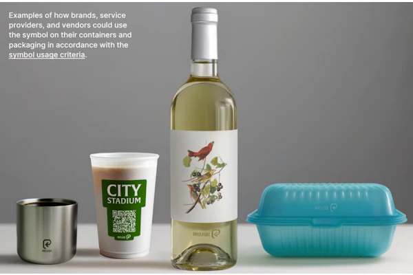PR3’s REUSE Visual Identity Guidelines show how the new reuse symbol can be applied to reusable packaging, including cups, bottles, and foodservice containers.