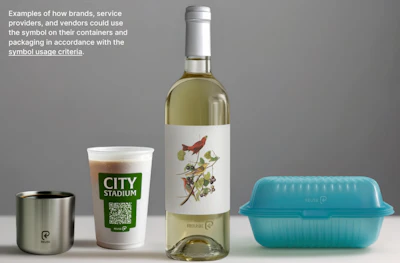Four branded products displaying packaging examples: stainless steel cup, City Stadium beverage cup with QR code, white wine bottle with botanical illustration, and turquoise hinged food container.