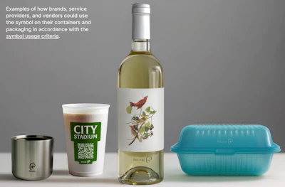Four branded products displaying packaging examples: stainless steel cup, City Stadium beverage cup with QR code, white wine bottle with botanical illustration, and turquoise hinged food container.