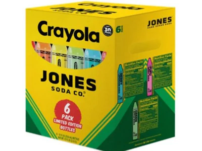 Crayola and Jones Soda Co. limited edition 6-pack bottle box with colorful crayon-shaped bottles