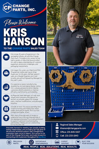 Change Parts, Inc. welcomes Kris Hanson to the sales team as Regional Sales Manager, featuring his professional photo and background information.