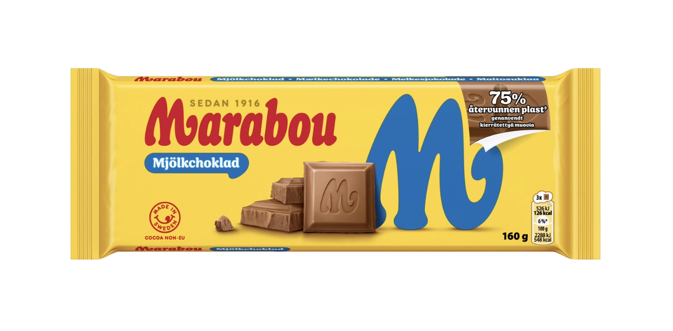 Mondelēz’s Marabou milk chocolate wrapper is sourced from 75% recycled content, using chemically recycled polypropylene attributed through an ISCC PLUS-certified mass-balance approach.