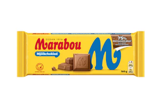 Mondelēz’s Marabou milk chocolate wrapper is sourced from 75% recycled content, using chemically recycled polypropylene attributed through an ISCC PLUS-certified mass-balance approach.