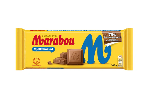 Mondelēz’s Marabou milk chocolate wrapper is sourced from 75% recycled content, using chemically recycled polypropylene attributed through an ISCC PLUS-certified mass-balance approach.