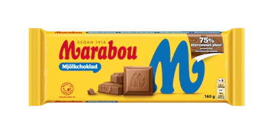 Mondelēz’s Marabou milk chocolate wrapper is sourced from 75% recycled content, using chemically recycled polypropylene attributed through an ISCC PLUS-certified mass-balance approach.