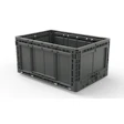 Gray plastic industrial storage crate with ventilation holes and hinged design