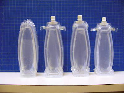 Early development prototypes show the AeroFlexx air frame, in which pressurized chambers create rigidity in selected areas of the package while other areas remain flexible enough to squeeze.