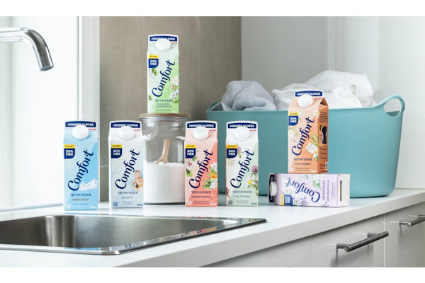 Comfort laundry products are among the Orkla Home and Personal Care brands using paperboard cartons with a blend of post-consumer recycled and renewable PE.