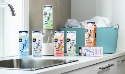 Comfort laundry products are among the Orkla Home and Personal Care brands using paperboard cartons with a blend of post-consumer recycled and renewable PE.