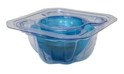 Clear plastic hinged container with blue gel interior