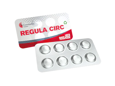 Regula Circ medication blister pack with Constantia Pharma branding and sustainability message