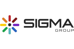 Sigma Group logo featuring a colorful radial starburst symbol with eight colored segments and bold black text
