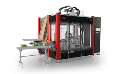 Industrial automated packaging machine with red frame and black enclosure featuring control panel and conveyor system