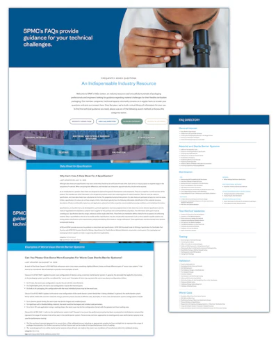 SPMC FAQs webpage showing frequently asked questions directory with sections on material and sterile barrier systems, test method validation, and worst case scenarios