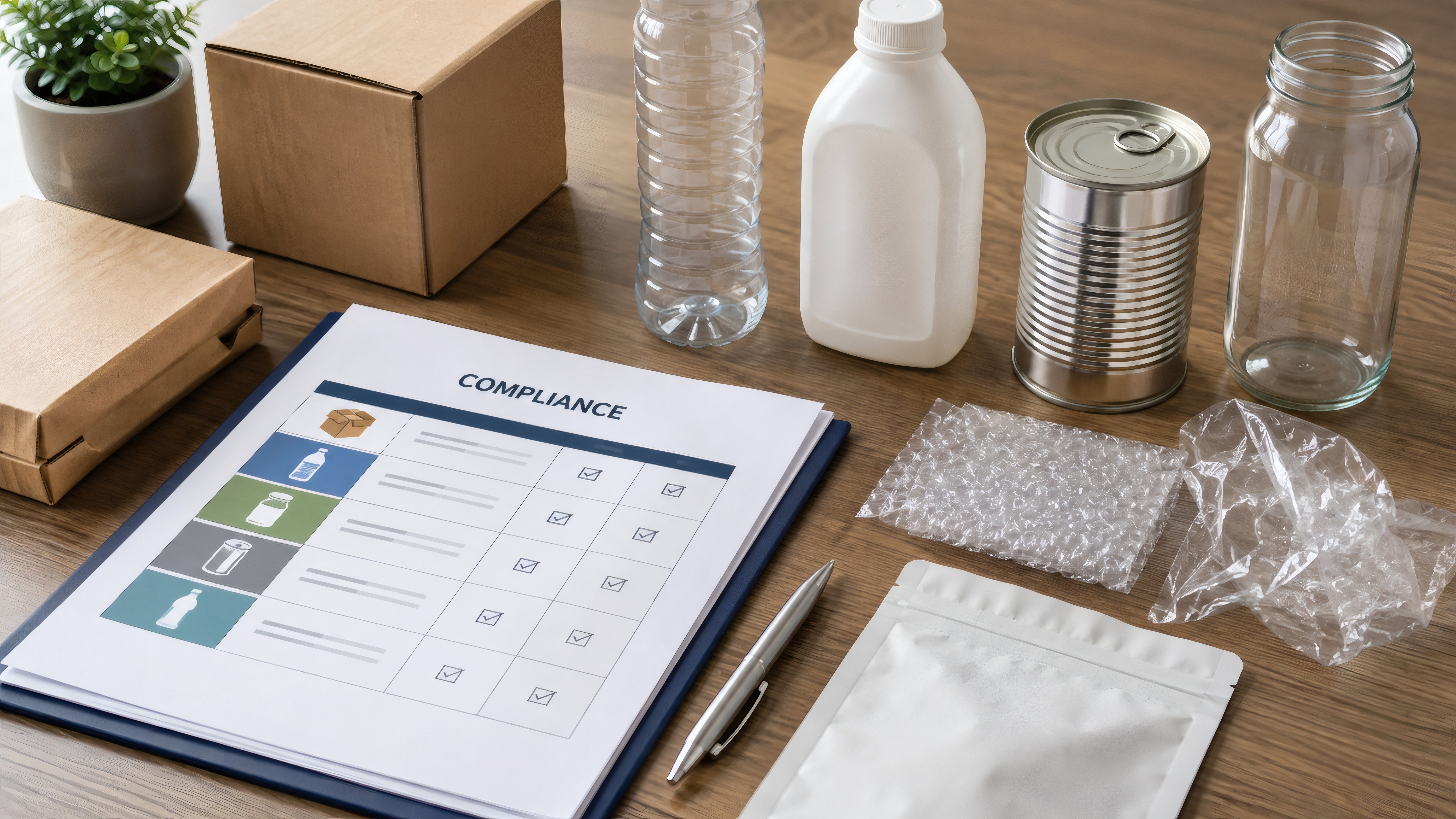 Compliance checklist document on desk surrounded by recyclable containers, glass jars, and sustainable packaging materials